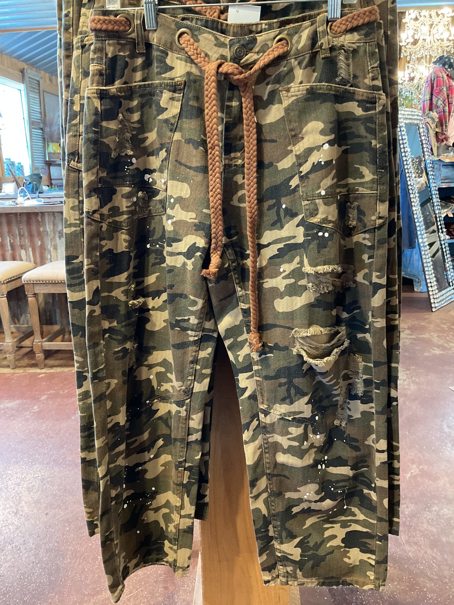 Distressed Camel Camo Pants
