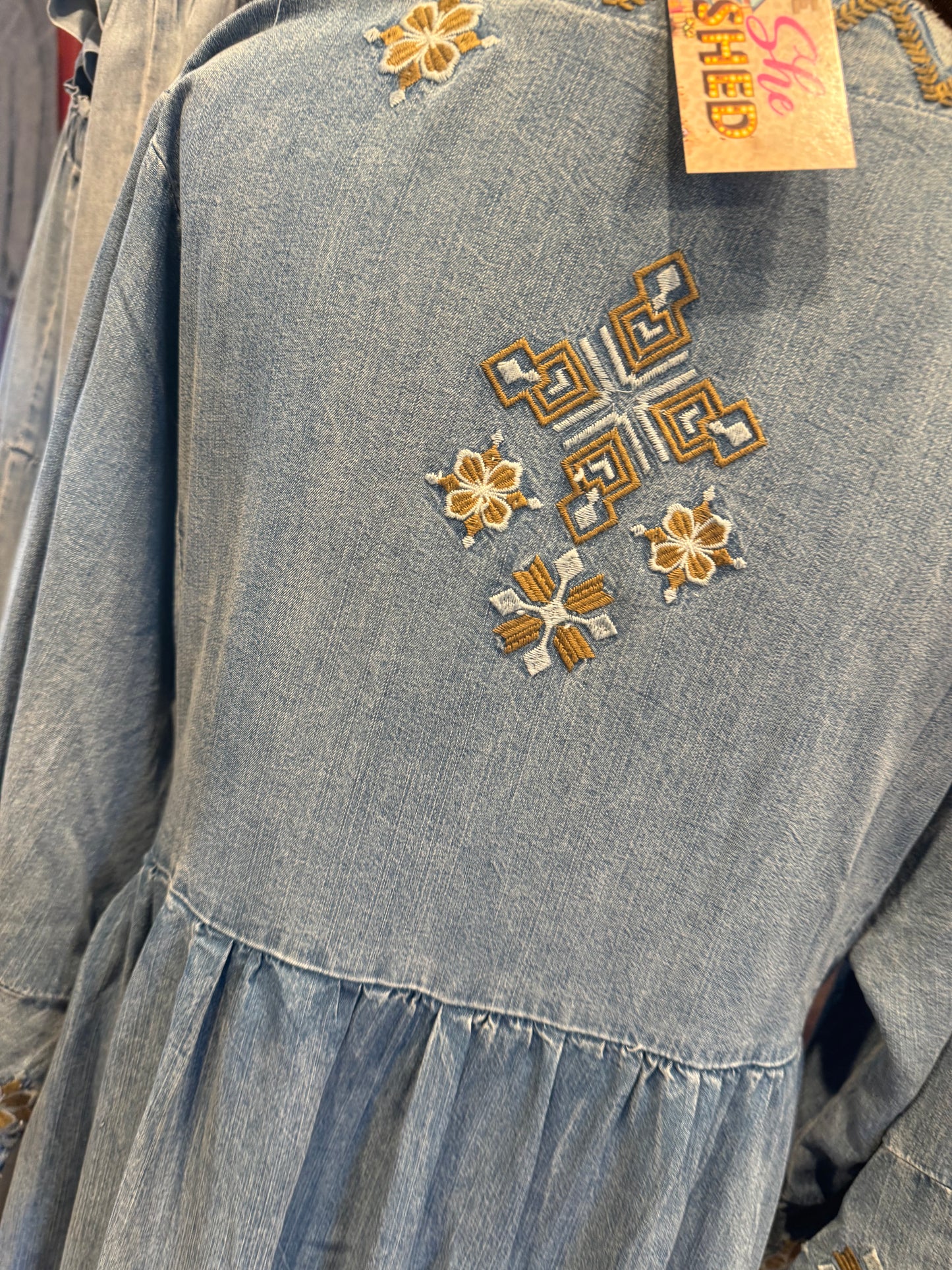 3/4 Denim w/ Floral Design Dress