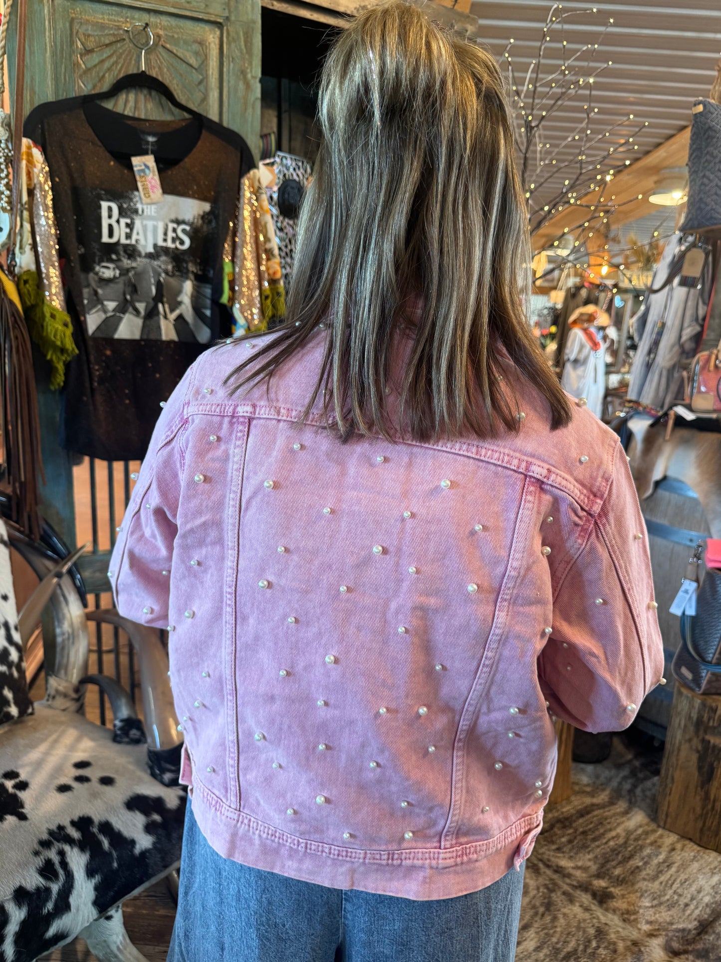 Pink Denim Pearl Cropped Jacket