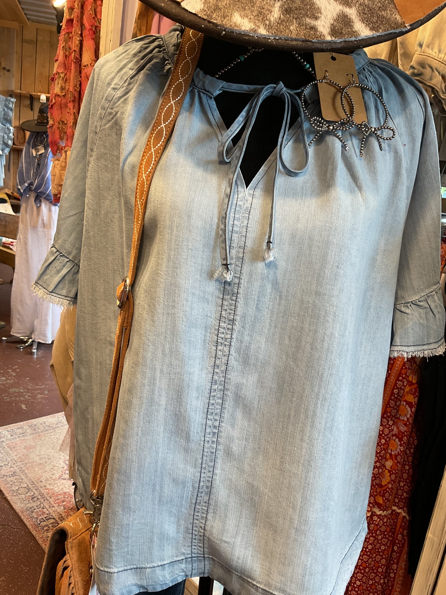 Lt Denim Flow Sleeve Ruffle Top