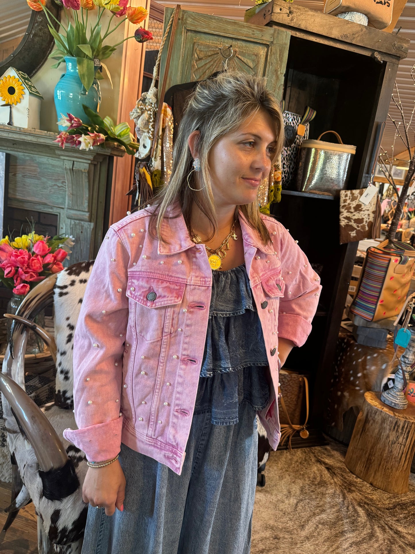 Pink Denim Pearl Cropped Jacket