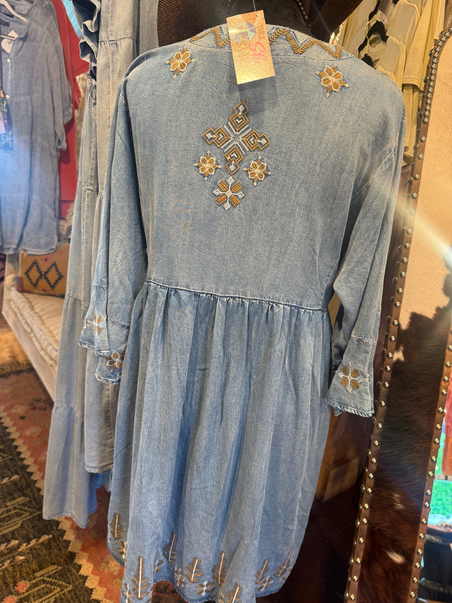 3/4 Denim w/ Floral Design Dress