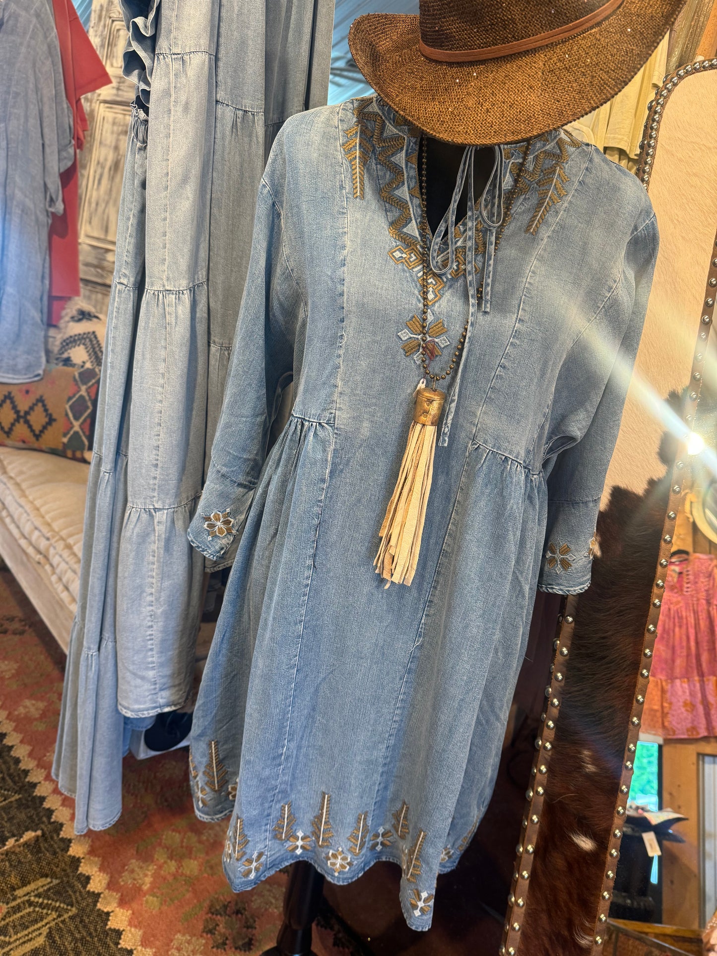 3/4 Denim w/ Floral Design Dress