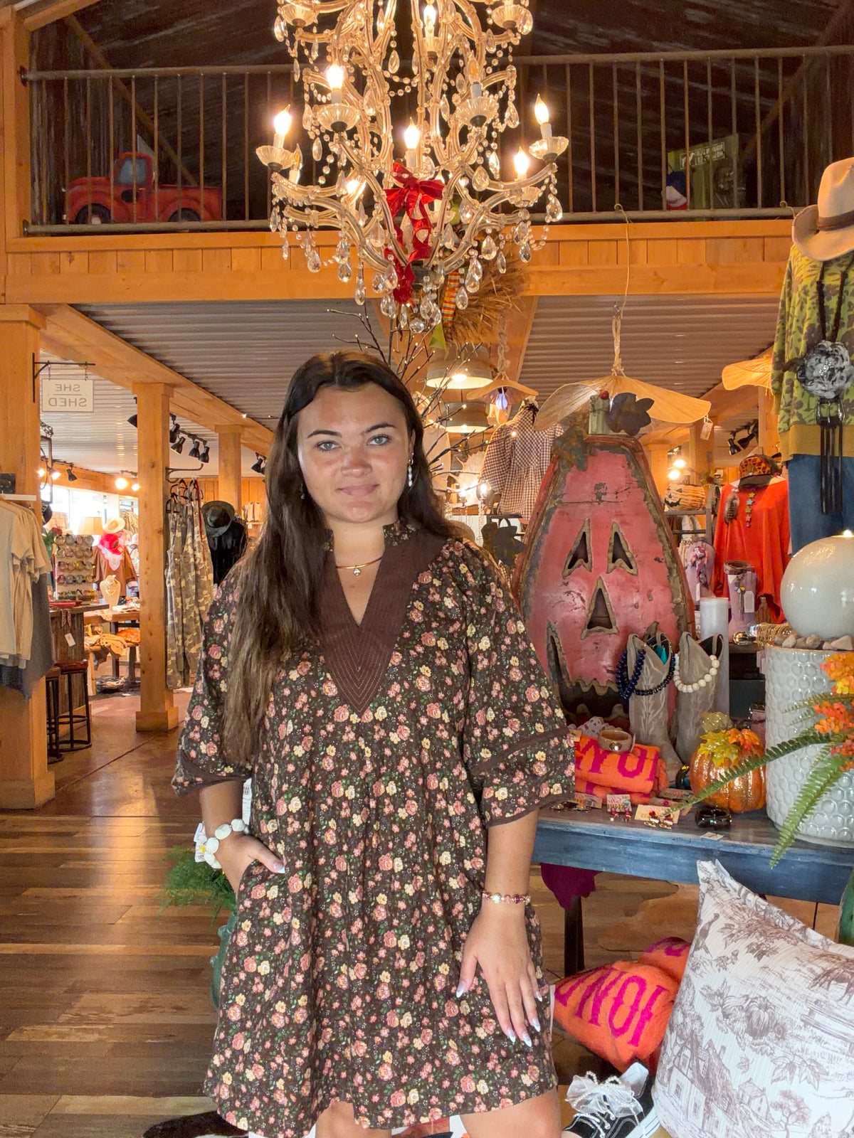 Brown & Floral w/Corduroy Collar Dress