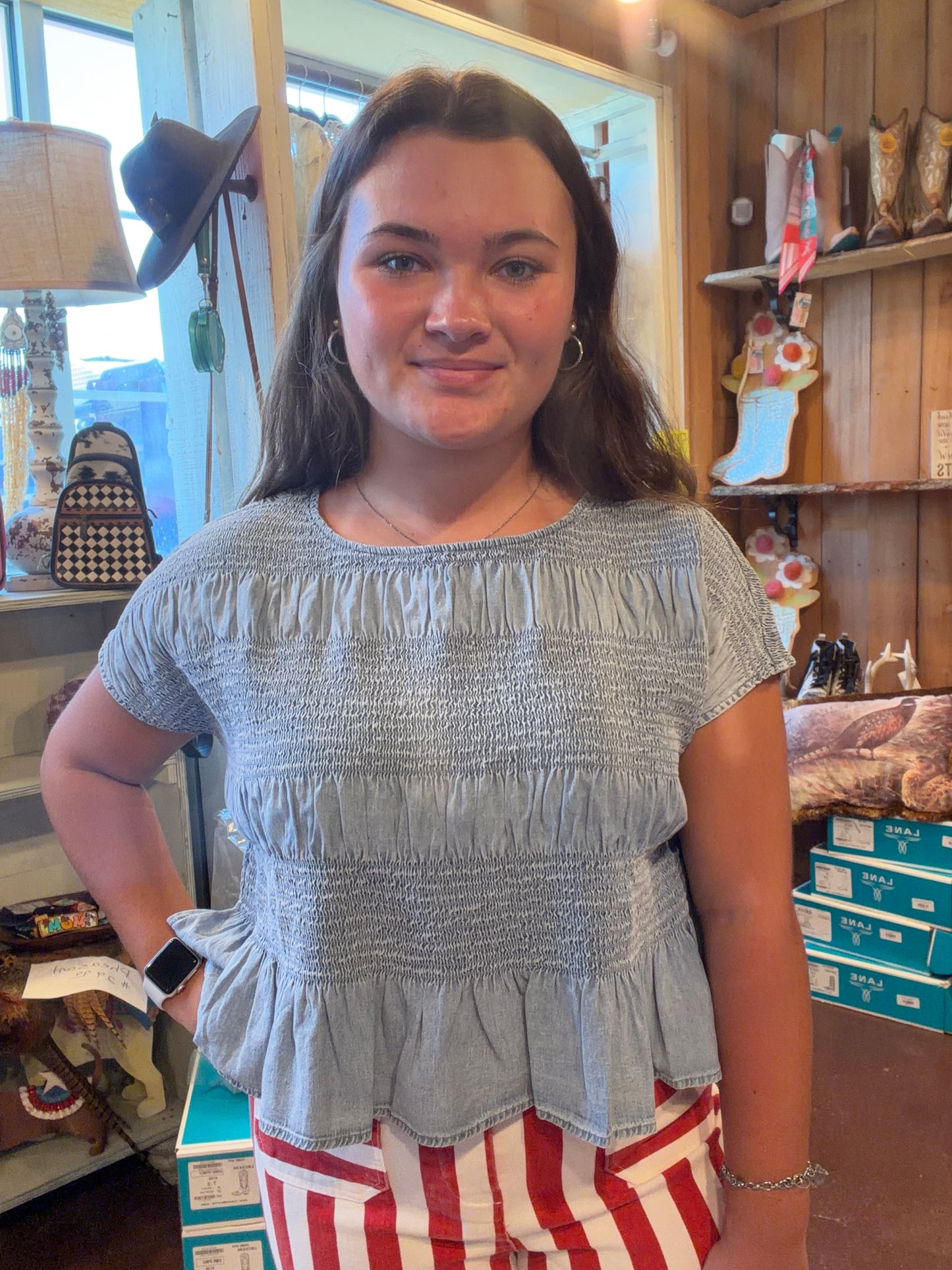 Smocked & Cropped Denim Top