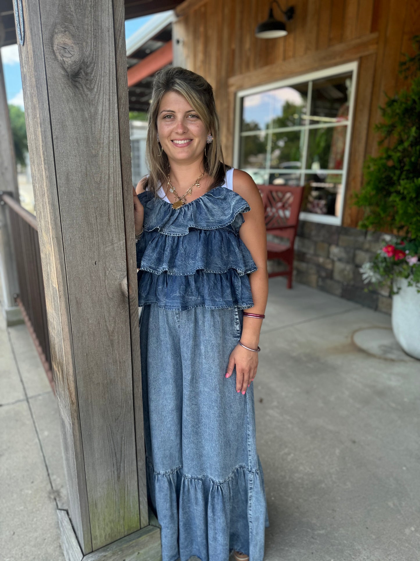 Denim Ruffle Tencel Romper