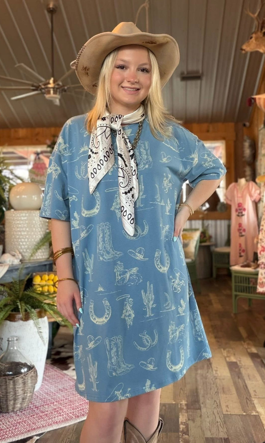 Blue Western Print Tee Dress
