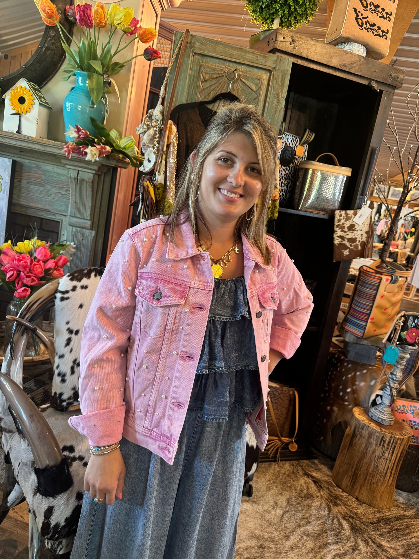 Pink Denim Pearl Cropped Jacket