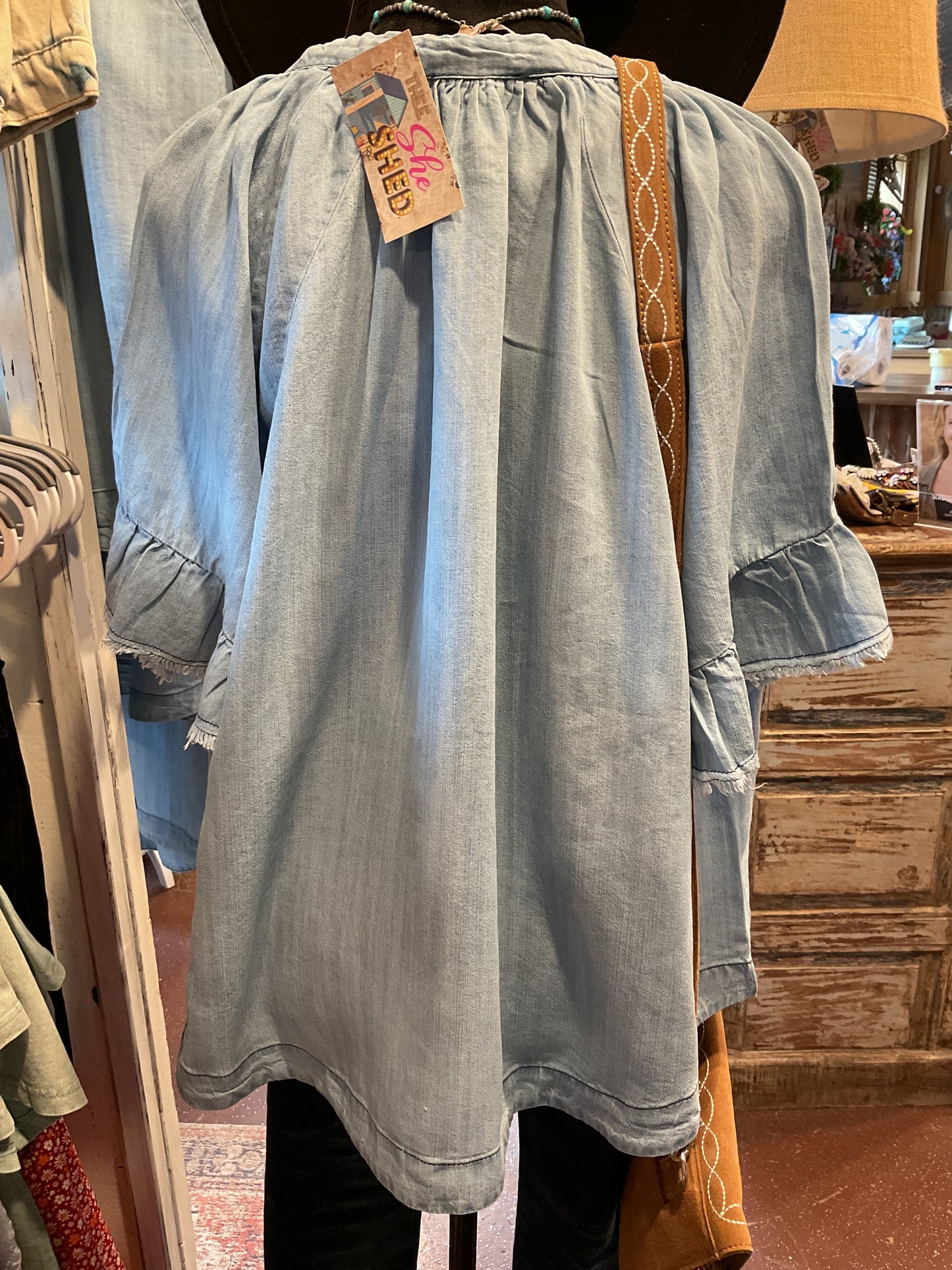Lt Denim Flow Sleeve Ruffle Top