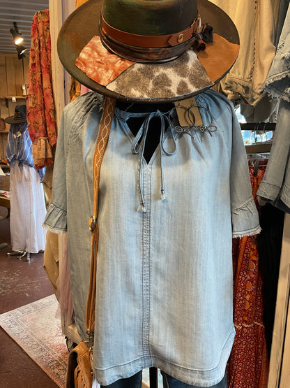 Lt Denim Flow Sleeve Ruffle Top