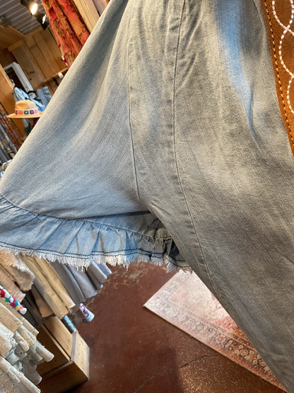 Lt Denim Flow Sleeve Ruffle Top