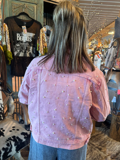 Pink Denim Pearl Cropped Jacket