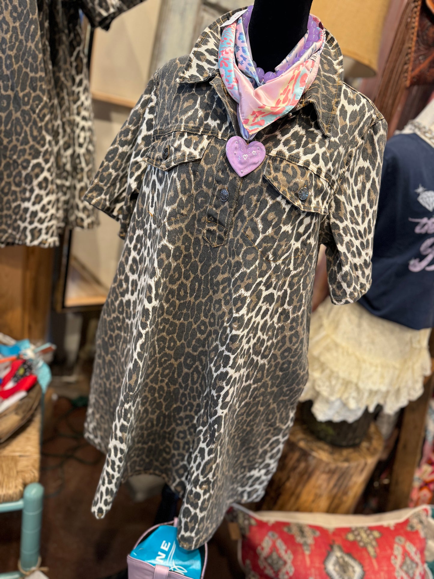 Wild Leopard Denim Button Dress