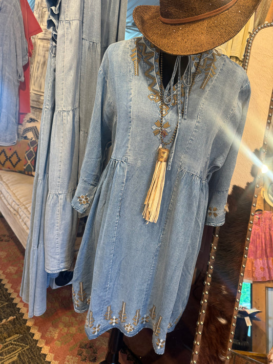 3/4 Denim w/ Floral Design Dress