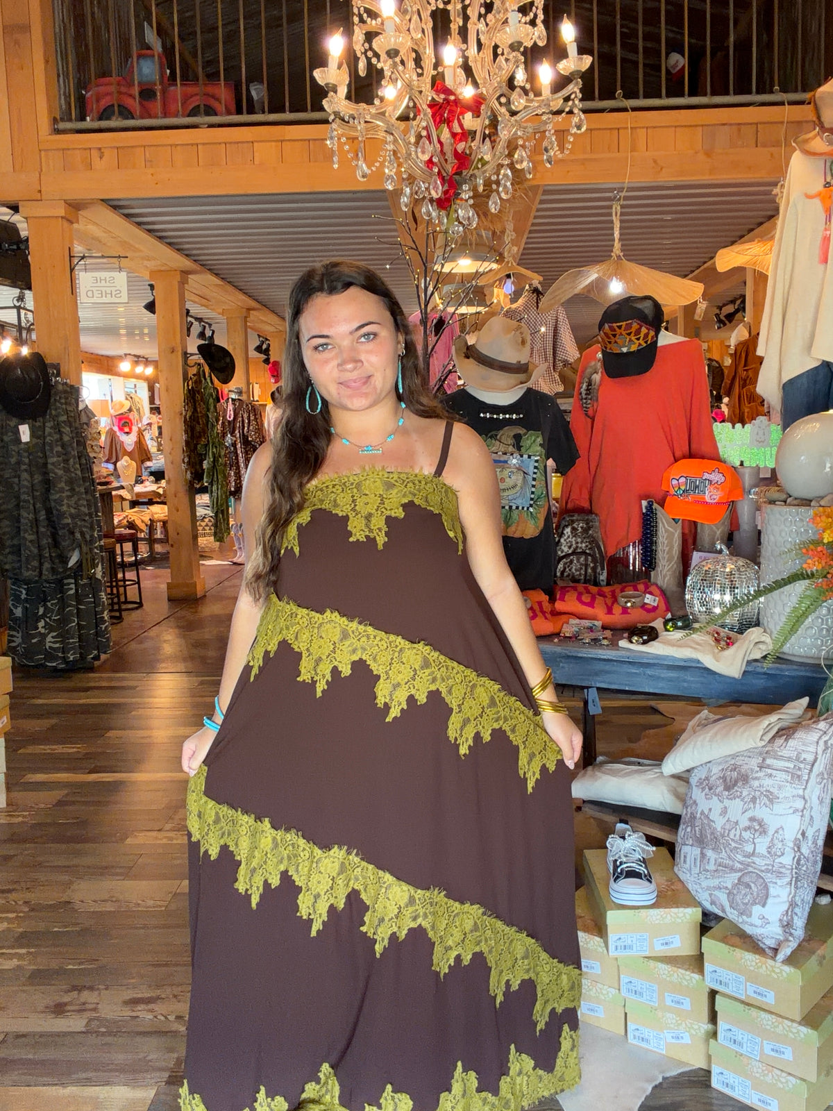 Chocolate, Lime, & Lace Maxi Dress
