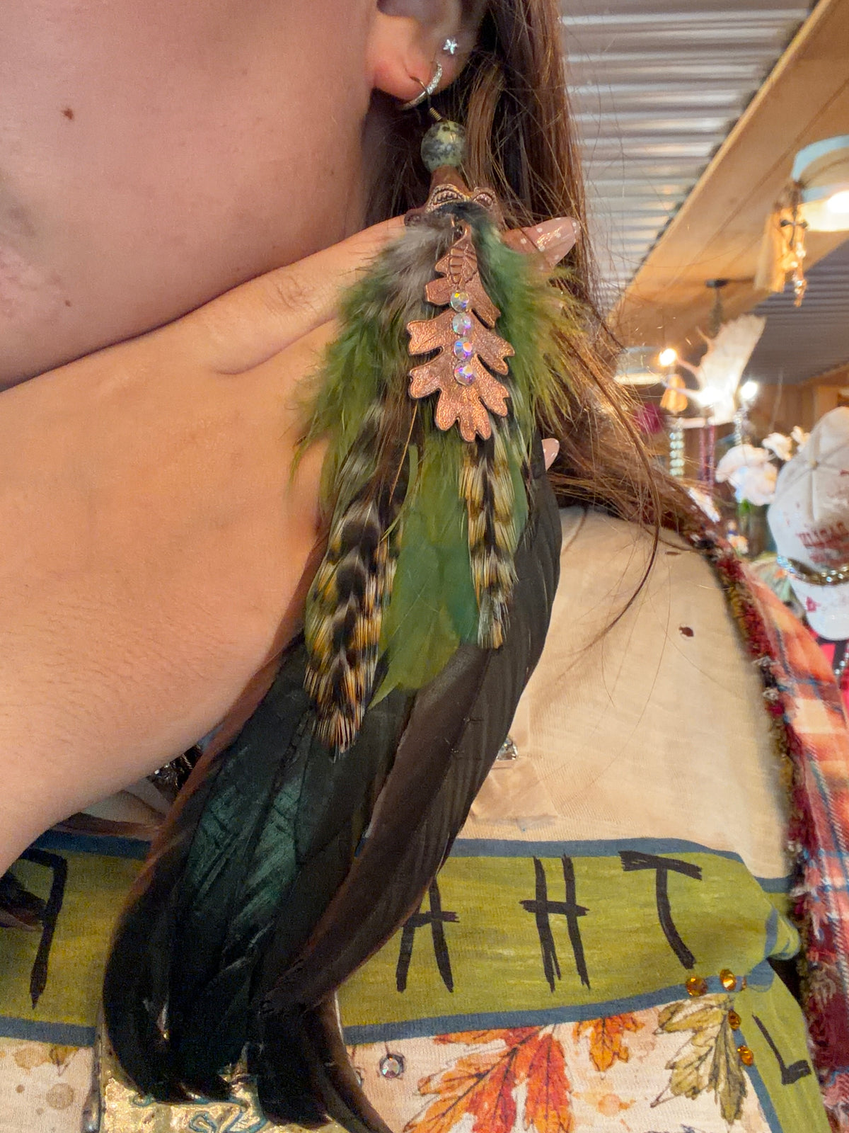 Brown Mix & Green Feather Earring