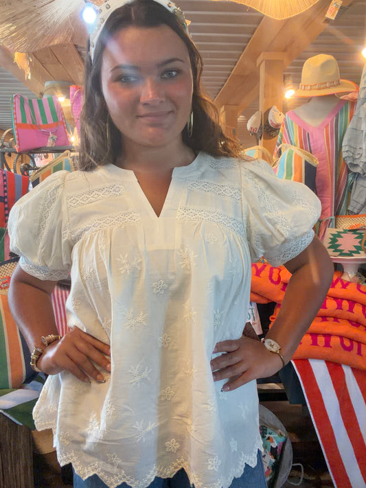 Natural Bubble Sleeveless  Embroid Top