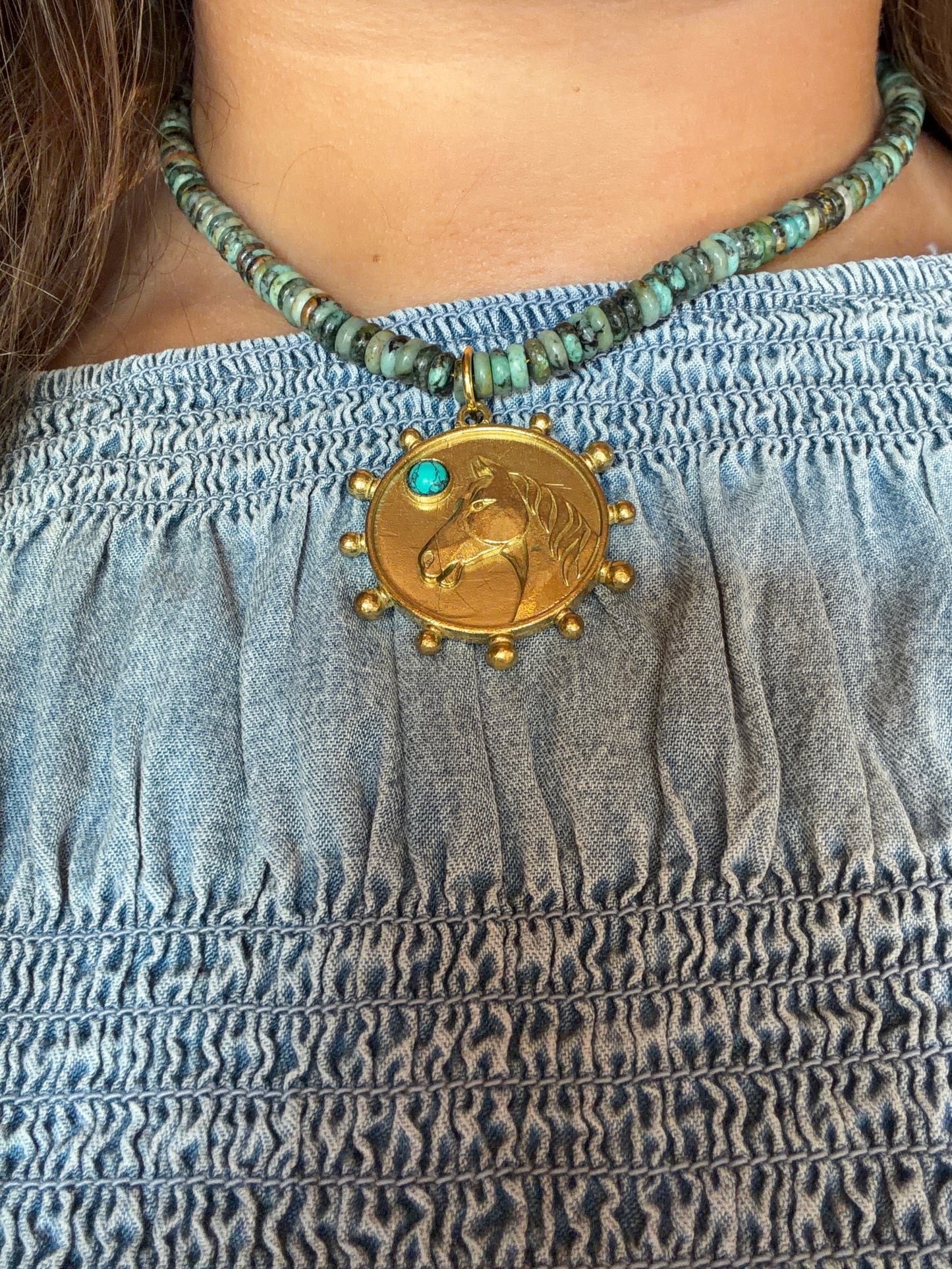 Distressed Turquoise w/Horse Concho Necklace
